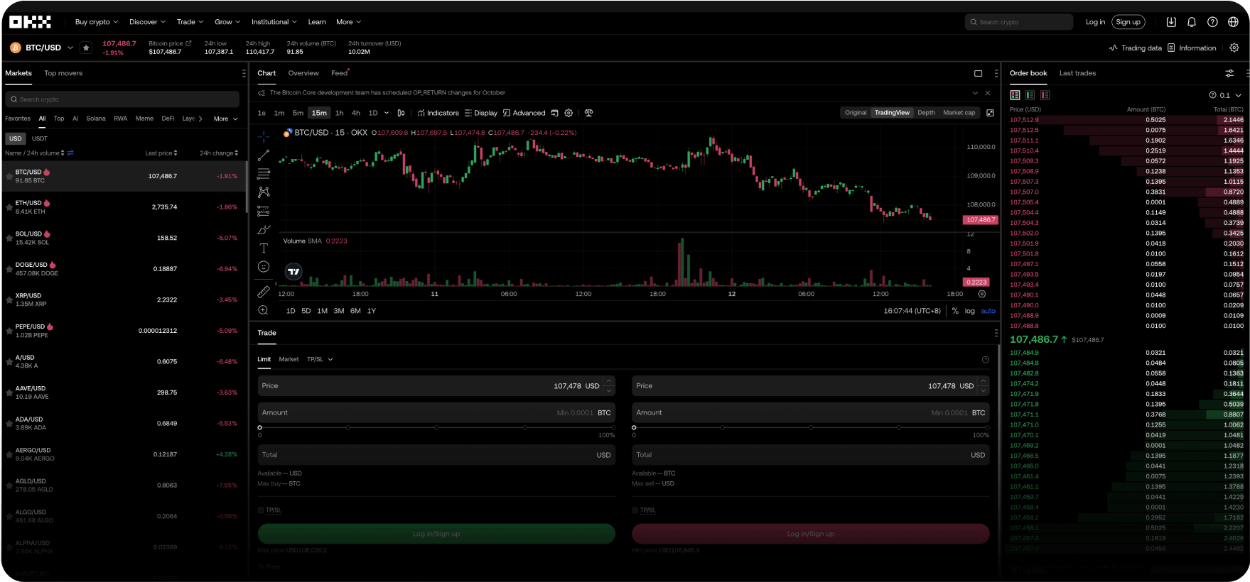 Image of the OKX trading page interface on the web app