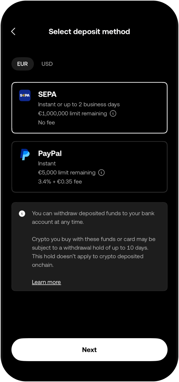 Deposit funds in a tap