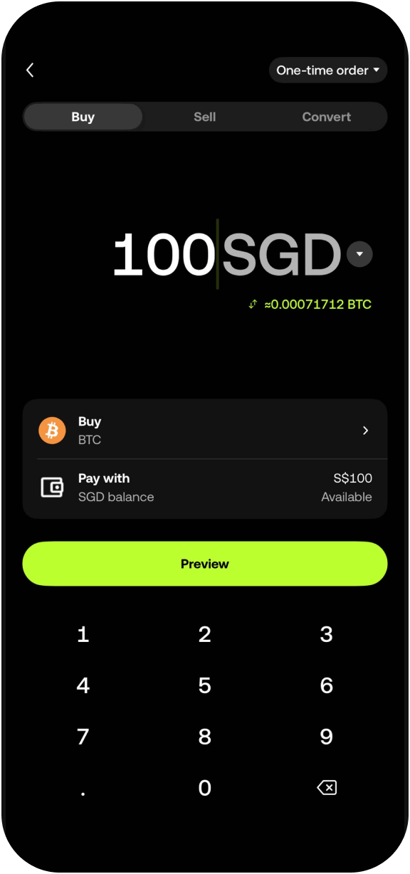 使用 SGD 和 USD，轻松交易数字资产