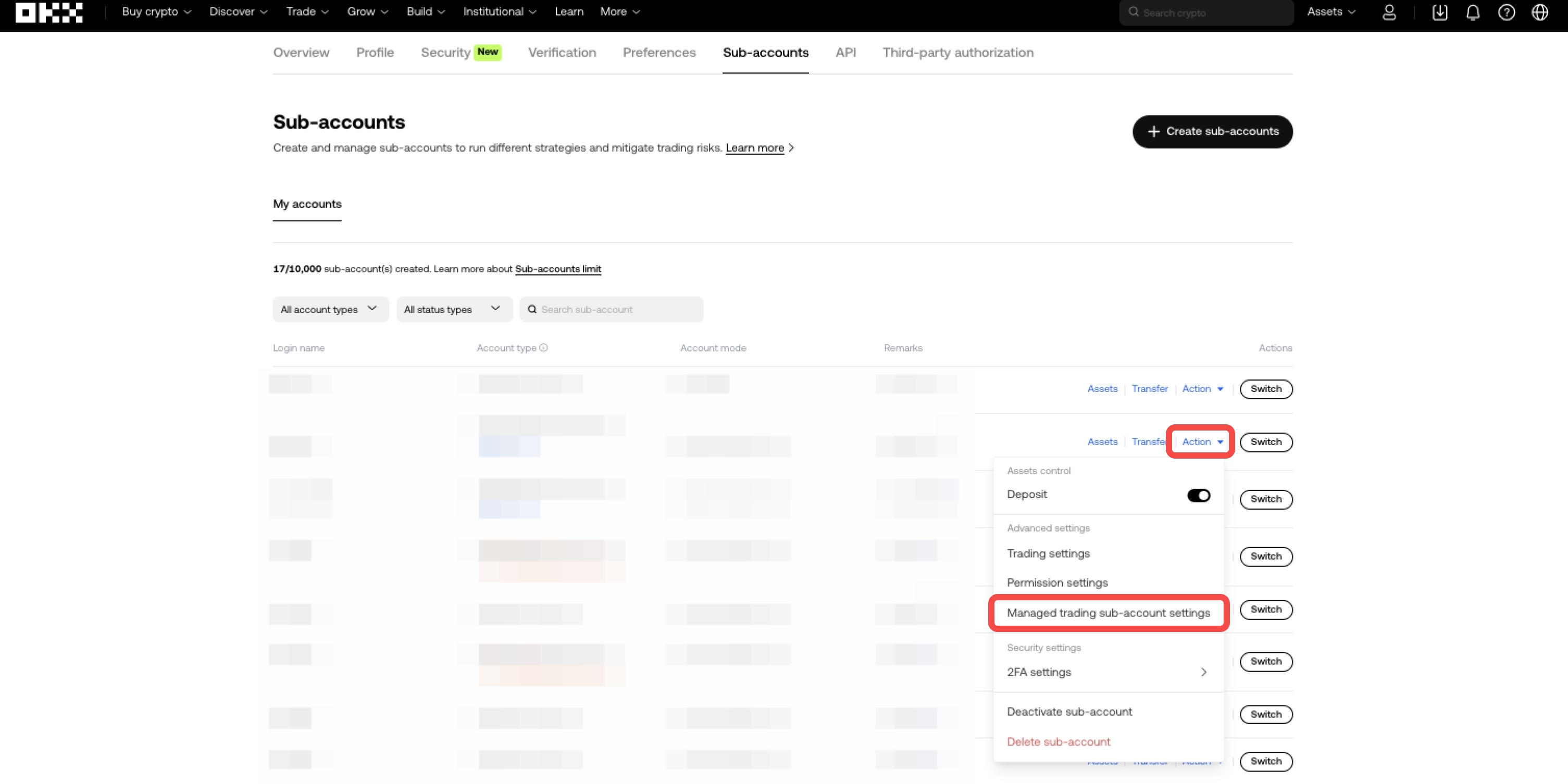 Sub-accounts MSA settings