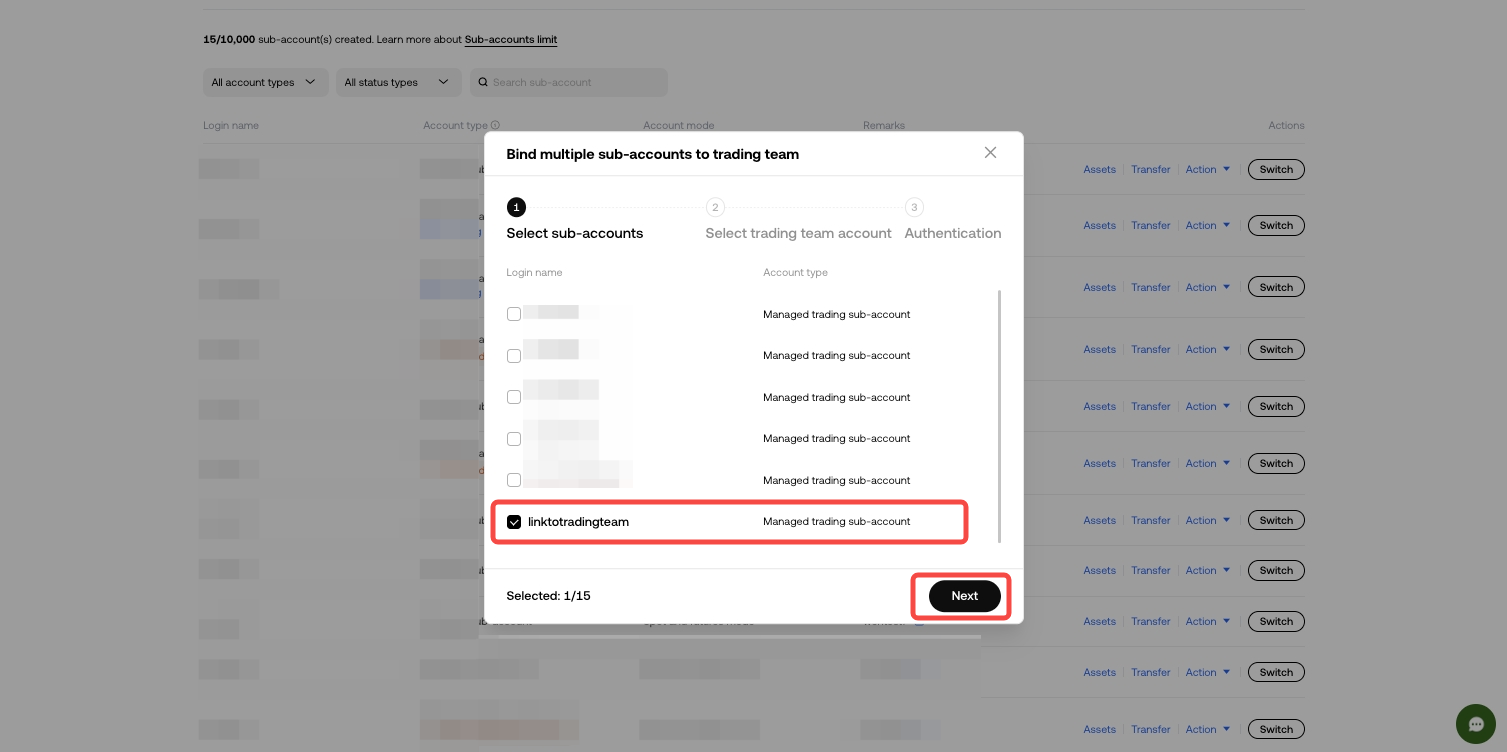 Mass binding to trading team